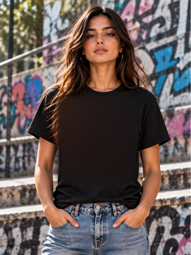 Modella giovane in ambiente urban con T-shirt nera